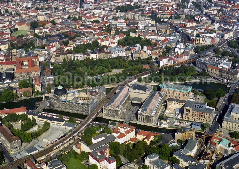 Berlin from the bird's eye view: View of the Museum Island at the River Spree in central Berlin with the Bode Museum, Pergamon Museum, the Alte Nationalgalerie and the Neues Museum (left to right)