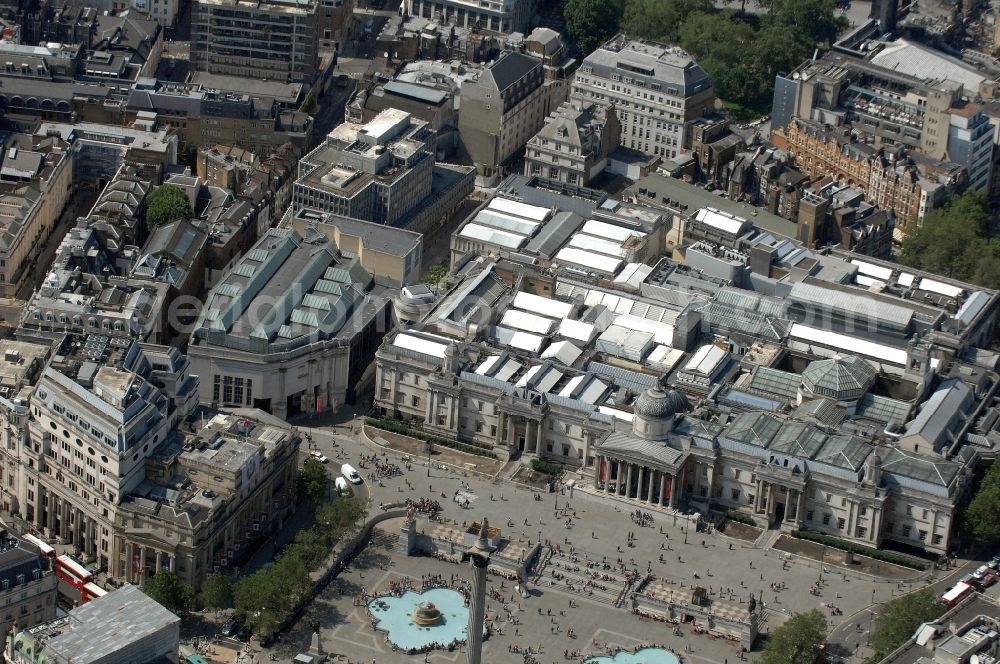 Aerial image London - View of the National Gallery behind the Trafalgar Square in London. The art museum, which opened in 1824, is considered to be one of the most comprehensive and most distinguished art museums in the world. The national art collection includes about 2300 creations of 13th to 19th century