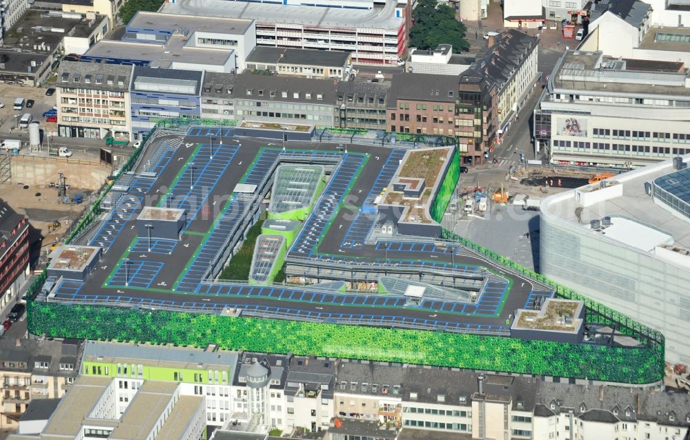 Aerial photograph Koblenz - View of the new shopping center and cultural building Forum Middle Rhine in the central square in Koblenz. The shopping center, which is scheduled to open in September 2012, was designed by the architectural firm Benthem Crouwel, is being built by the Züblin AG and operated by the ECE Project Management. The cultural building, scheduled to open in 2013, is going to be a new home for the Middle Rhine Museum and the city library of Koblenz