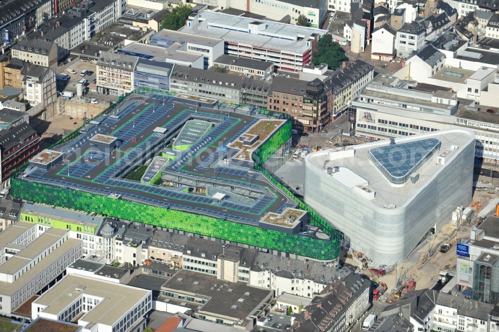 Koblenz from above - View of the new shopping center and cultural building Forum Middle Rhine in the central square in Koblenz. The shopping center, which is scheduled to open in September 2012, was designed by the architectural firm Benthem Crouwel, is being built by the Züblin AG and operated by the ECE Project Management. The cultural building, scheduled to open in 2013, is going to be a new home for the Middle Rhine Museum and the city library of Koblenz