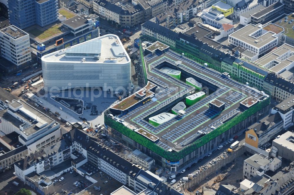 Koblenz from the bird's eye view: View of the new shopping center and cultural building Forum Middle Rhine in the central square in Koblenz. The shopping center, which is scheduled to open in September 2012, was designed by the architectural firm Benthem Crouwel, is being built by the Züblin AG and operated by the ECE Project Management. The cultural building, scheduled to open in 2013, is going to be a new home for the Middle Rhine Museum and the city library of Koblenz