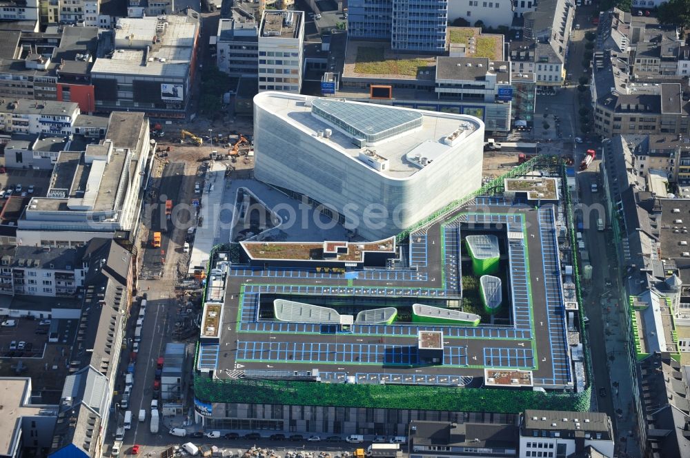 Koblenz from above - View of the new shopping center and cultural building Forum Middle Rhine in the central square in Koblenz. The shopping center, which is scheduled to open in September 2012, was designed by the architectural firm Benthem Crouwel, is being built by the Züblin AG and operated by the ECE Project Management. The cultural building, scheduled to open in 2013, is going to be a new home for the Middle Rhine Museum and the city library of Koblenz