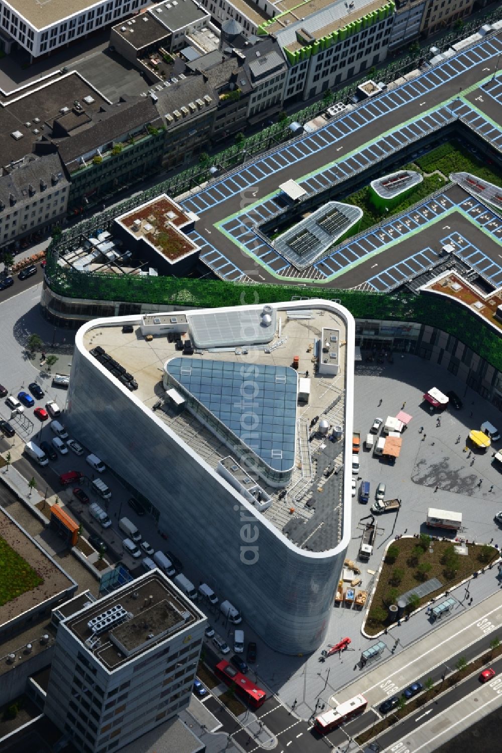 Koblenz from above - View of the new shopping center and cultural building Forum Middle Rhine in the central square in Koblenz. The shopping center, which is scheduled to open in September 2012, was designed by the architectural firm Benthem Crouwel, is being built by the Züblin AG and operated by the ECE Project Management. The cultural building, scheduled to open in 2013, is going to be a new home for the Middle Rhine Museum and the city library of Koblenz