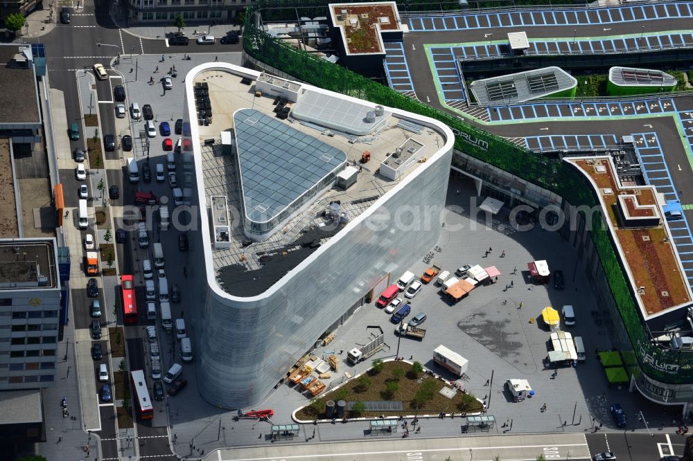 Koblenz from the bird's eye view: View of the new shopping center and cultural building Forum Middle Rhine in the central square in Koblenz. The shopping center, which is scheduled to open in September 2012, was designed by the architectural firm Benthem Crouwel, is being built by the Züblin AG and operated by the ECE Project Management. The cultural building, scheduled to open in 2013, is going to be a new home for the Middle Rhine Museum and the city library of Koblenz