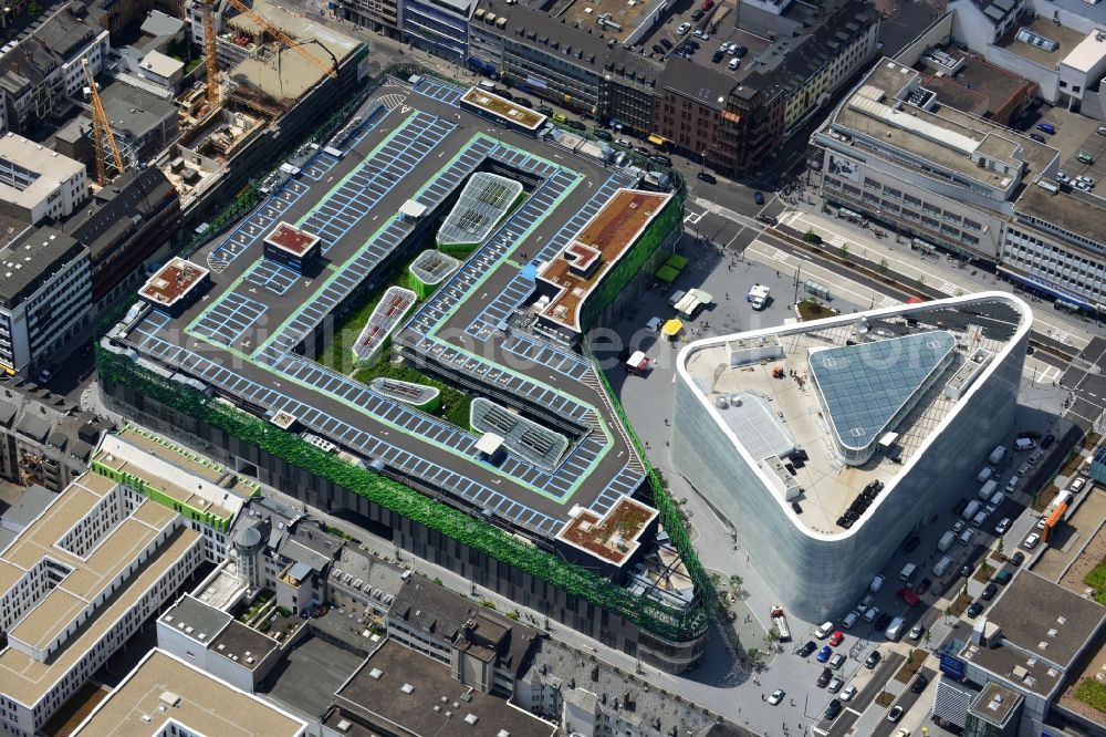 Aerial photograph Koblenz - View of the new shopping center and cultural building Forum Middle Rhine in the central square in Koblenz. The shopping center, which is scheduled to open in September 2012, was designed by the architectural firm Benthem Crouwel, is being built by the Züblin AG and operated by the ECE Project Management. The cultural building, scheduled to open in 2013, is going to be a new home for the Middle Rhine Museum and the city library of Koblenz