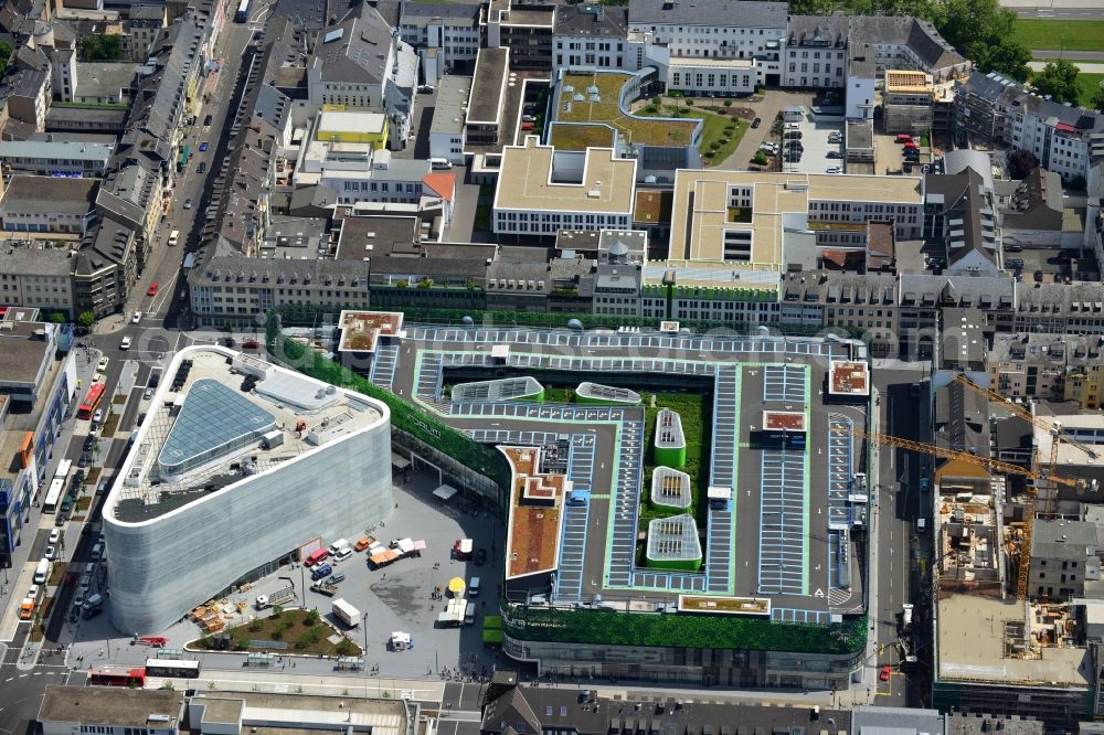 Koblenz from the bird's eye view: View of the new shopping center and cultural building Forum Middle Rhine in the central square in Koblenz. The shopping center, which is scheduled to open in September 2012, was designed by the architectural firm Benthem Crouwel, is being built by the Züblin AG and operated by the ECE Project Management. The cultural building, scheduled to open in 2013, is going to be a new home for the Middle Rhine Museum and the city library of Koblenz