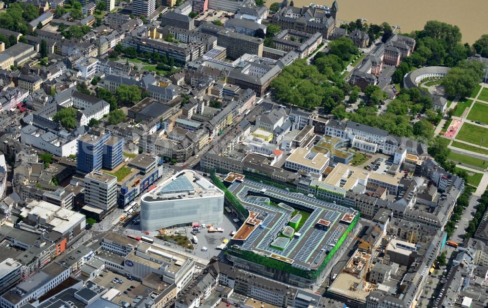 Aerial image Koblenz - View of the new shopping center and cultural building Forum Middle Rhine in the central square in Koblenz. The shopping center, which is scheduled to open in September 2012, was designed by the architectural firm Benthem Crouwel, is being built by the Züblin AG and operated by the ECE Project Management. The cultural building, scheduled to open in 2013, is going to be a new home for the Middle Rhine Museum and the city library of Koblenz