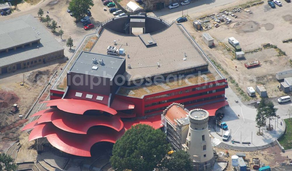 Potsdam from above - 11.07.2006 Blick auf den Neubau des Hans Otto Theaters in Potsdam, entworfen wurde es vom Kölner Architekten Gottfried Böhm. Bauherr ist der KIS Potsdam. Es befindet sich auf dem Kultur- und Gewerbestandort Schiffsbauergasse am Ufer des Tiefen Sees. In den Neubau integriert sind ein alter Gasometer sowie der Turm einer früheren Zichorienmühle. (Besucherservice und Kartenverkauf: ticket-service@hot.potsdam.de, Tel. 0331- 98 11 8 / URL: