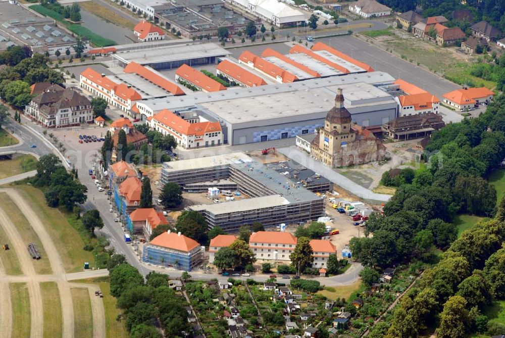 Aerial photograph Dresden - Blick auf das neue Dresdner Messegelände im Ostragehege. 2001 ist die neue Messe hierher umgezogen. Durch die Architekten Walter Kaplan, Christian Matzke und Klausjürgen Schöler (KMSP) wurde der Alte Schlachthof von Erlwein saniert und umgebaut. Kontaktb Alter Schlachthof: Bernd Aust Kulturmanagement GmbH, Gothaer Straße 11, D-01097 Dresden, Telefon: +49 351 43131-0, Telefax: +49 351 43131-17, E-Mail: info@aust-konzerte.com, Web: