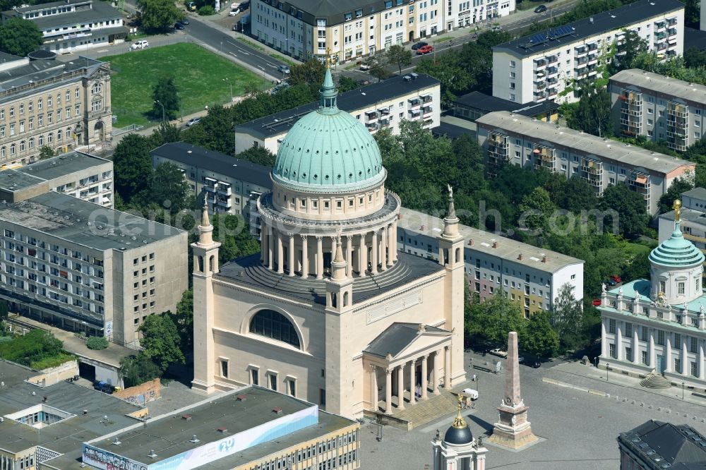 Potsdam from the bird's eye view: View of St. Nikolai Church in Potsdam. The central building in the neoclassical style, was designed by the architect Karl Friedrich Schinkel and has been in restoration works since 2002