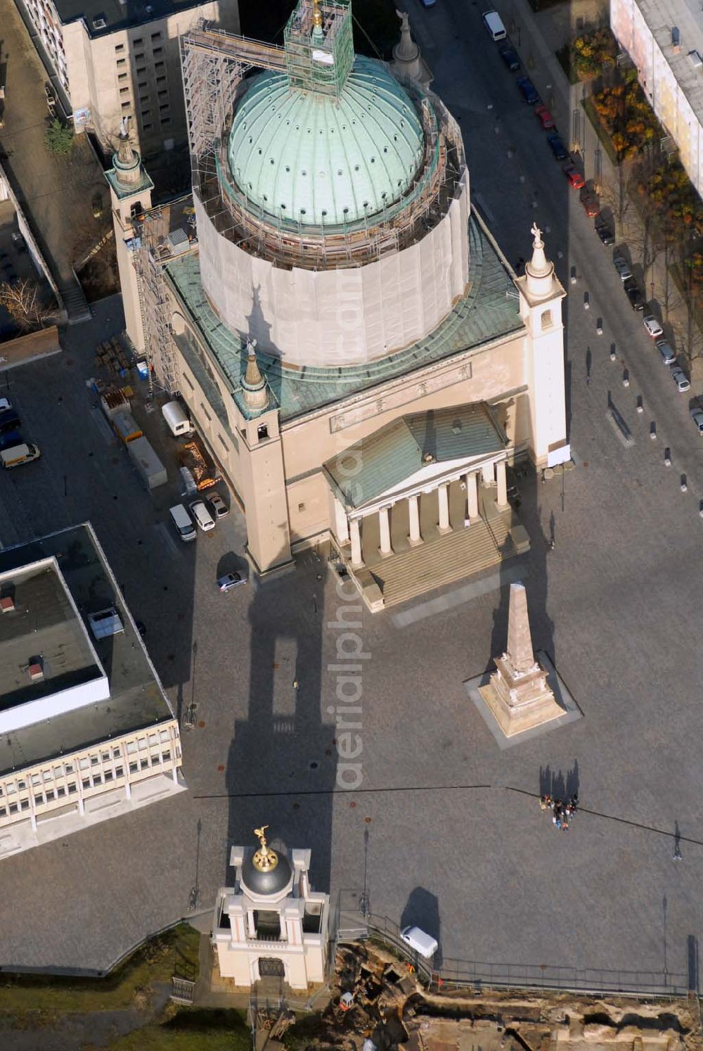 Aerial image Potsdam - , Blick auf die Nikolaikirche in Potsdam während Restaurierungsarbeiten, Fuchs & Girke Bau und Denkmalpflege GmbH, 01458 Ottendorf-Okrilla Bergener Ring 29, 035205- 4360, Architekt: Bernd Redlich, Große Fischerstr. 7, 14467 Potsdam, T: 0331-2703843, ASP: Ivo(s) Dressler,Tel.: 0331- 2703335