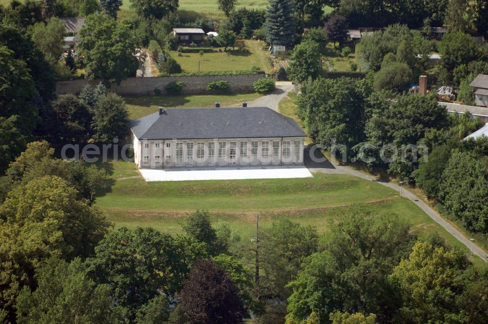 Aerial photograph Ebersdorf - Blick auf die Orangerie als Teil der Schlossanlage in Ebersdorf. Sie wurde bis 1790 nach den Entwürfen des Baumeisters Schuricht fertiggstellt und beherbergte eine reiche Auswahl an exotischen Pflanzen. Heute steht das Gebäude leer. Kontakt: Bürgerservice / Touristinformation, Markt 1, 07929 Saalburg-Ebersdorf, Tel. +49 (0)36647 29080, Fax +49 (0)36647 29088