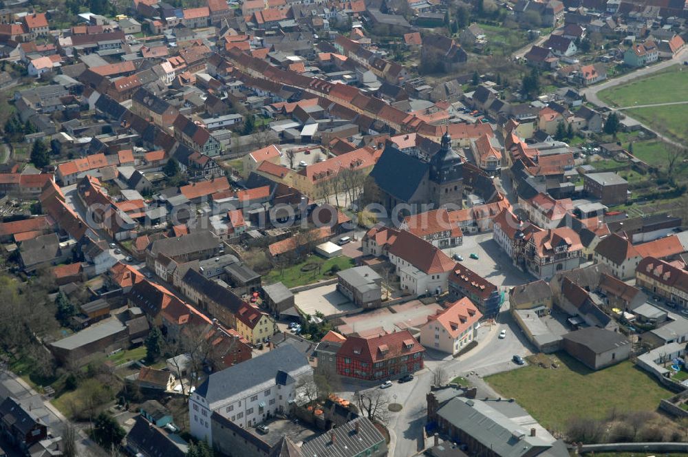 Aerial photograph Harzgerode - Blick auf Harzgerode im Harz. Die Stadt wurde 994 unter an derem Namen zum ersten Mal urkundlich erwähnt, im 17. Jahrhundrt war sie Fürstenresidenz, in der Nähe befindet sich die Burgruine Anhalt und die Burg Heinrichsburg. 2009 wurden mehrere Nachbarortschaften eingemeindet. Der Ort hat ca. 8.538 Einwohner. Kuntakt: Marktplatz 1, 06493 harzgerode,