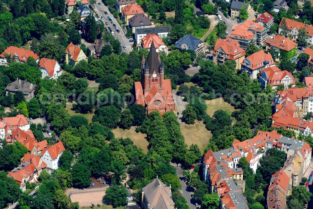 Aerial image Halle/Saale - Blick auf die Pauluskirche am Rathenauplatz in Halle