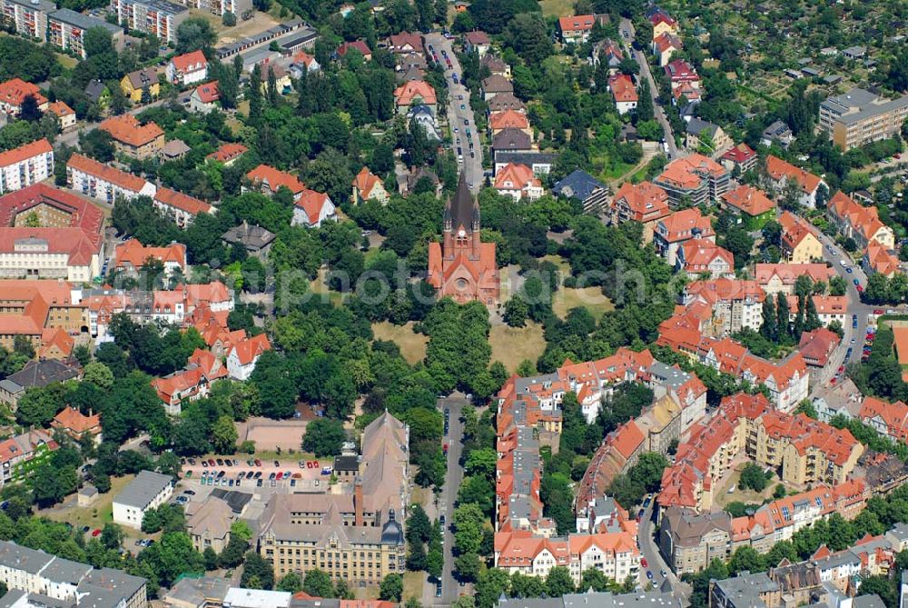 Aerial photograph Halle/Saale - Blick auf die Pauluskirche am Rathenauplatz in Halle