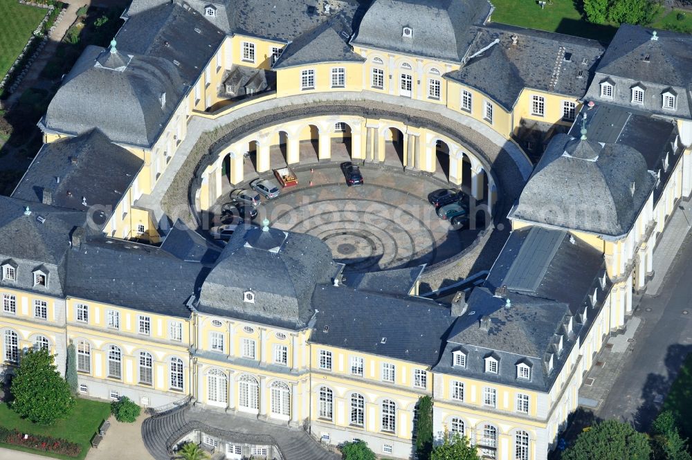 Bonn from above - View of the Poppelsdorfer castle in Bonn in the state of North Rhine-Westphalia. The Poppelsdorfer Baroque palace was designed by the architect Frenchman Robert de Cotte and built from 1715 to 1740. Currently, the castle contains scientific institutions with a courtyard, where castleconcerts are held