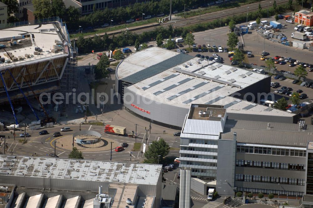 Aerial image Stuttgart - Blick auf das Porsche-Werk in Stuttgart-Zuffenhausen. Die Dr. Ing. h. c. F. Porsche AG ist ein deutscher Sportwagenhersteller. Porsche wurde 1931 als Konstruktionsbüro gegründet. Seit 2007 ist die Porsche AG ein Tochterunternehmen der Porsche Automobil Holding SE. Kontakt: Porsche Niederlassung Stuttgart GmbH, Porscheplatz 9, 70435 Stuttgart, Tel. +49 (0)711 911 26220, Fax +49 (0)711 911 26262, info.pzstuttgart@porsche.de