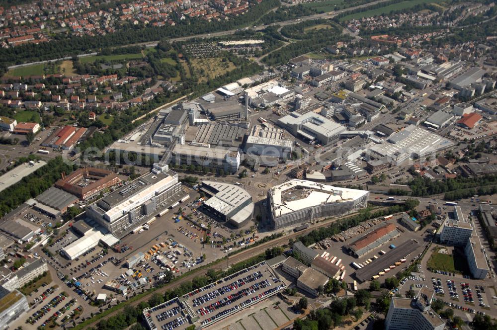 Aerial image Stuttgart - Blick auf das Porsche-Werk in Stuttgart-Zuffenhausen. Die Dr. Ing. h. c. F. Porsche AG ist ein deutscher Sportwagenhersteller. Porsche wurde 1931 als Konstruktionsbüro gegründet. Seit 2007 ist die Porsche AG ein Tochterunternehmen der Porsche Automobil Holding SE. Kontakt: Porsche Niederlassung Stuttgart GmbH, Porscheplatz 9, 70435 Stuttgart, Tel. +49 (0)711 911 26220, Fax +49 (0)711 911 26262, info.pzstuttgart@porsche.de