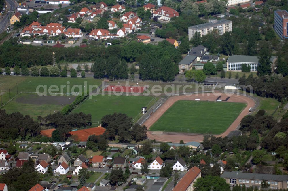 Aerial photograph Premnitz - Blick auf den Premnitzer Sportplatz. Er wurde 1926 eingeweiht. Adresse: Friedrich-Engels-Str. 2, 14727 Premnitz, Tel. +49 (0)3386 243646