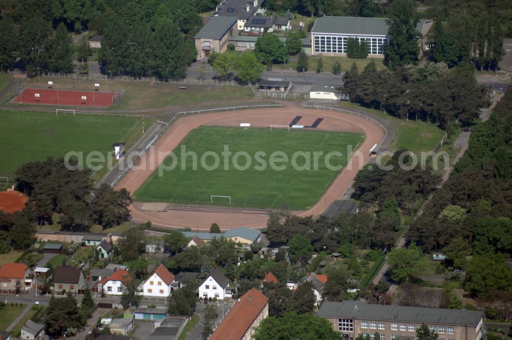 Premnitz from the bird's eye view: Blick auf den Premnitzer Sportplatz. Er wurde 1926 eingeweiht. Adresse: Friedrich-Engels-Str. 2, 14727 Premnitz, Tel. +49 (0)3386 243646