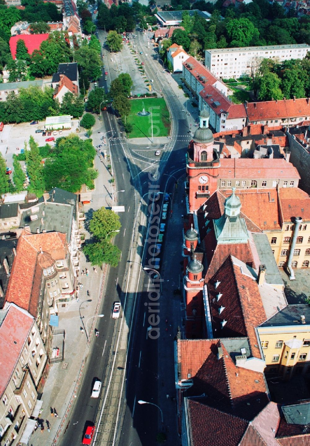 Berlin from above - View of City Hall Pankow at the site Breite Strasse in Berlin - Pankow. The three-storey Verblendbau of red clinker bricks and red sandstone with a base of Silesian granite was designed by architect William Johow and opened in 1903. The building belongs to the eclectic style