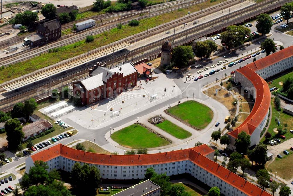 Aerial photograph Rathenow - Blick auf den Dunkerplatz am Bahnhof Rathenow 14712