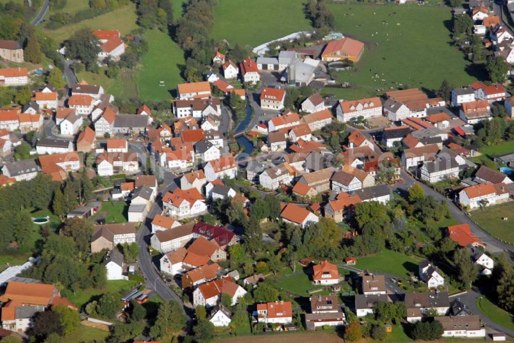 Remsfeld from the bird's eye view: Blick auf Remsfeld, einem Ortsteil von Knüllwald in Hessen. Gemeinde Knüllwald, Hauptstraße 7, 34593 Remsfeld, Telefon 05681/99 570, Telefax 05681/99 57 - 26, email: knuellwald@kgrz-kassel.de