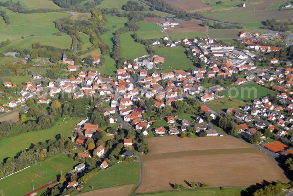 Aerial image Remsfeld - Blick auf Remsfeld, einem Ortsteil von Knüllwald in Hessen. Gemeinde Knüllwald, Hauptstraße 7, 34593 Remsfeld, Telefon 05681/99 570, Telefax 05681/99 57 - 26, email: knuellwald@kgrz-kassel.de