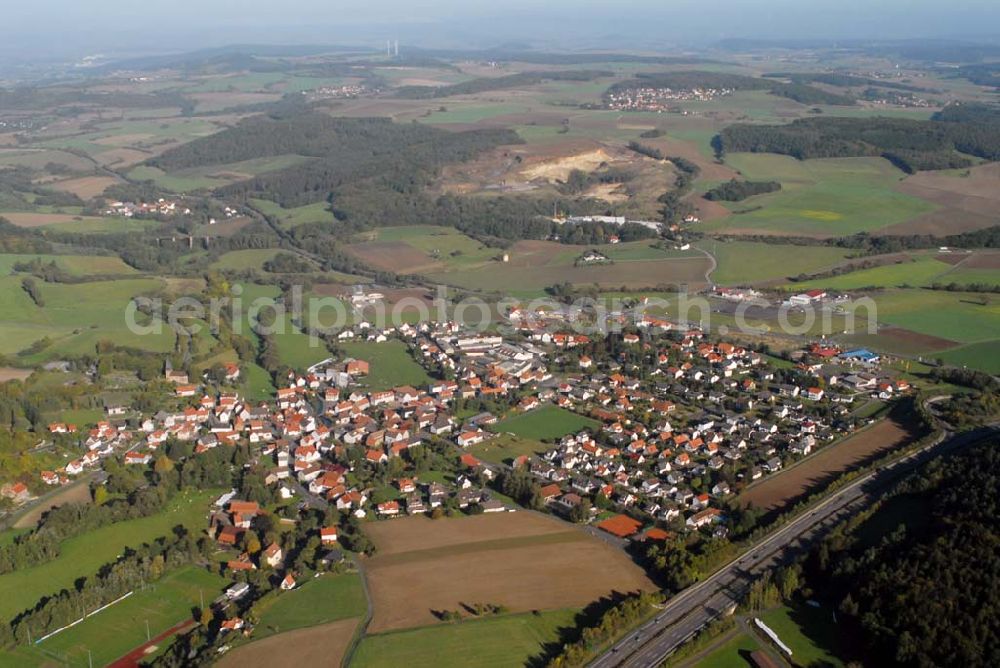 Aerial photograph Remsfeld - Blick auf Remsfeld, einem Ortsteil von Knüllwald in Hessen. Gemeinde Knüllwald, Hauptstraße 7, 34593 Remsfeld, Telefon 05681/99 570, Telefax 05681/99 57 - 26, email: knuellwald@kgrz-kassel.de