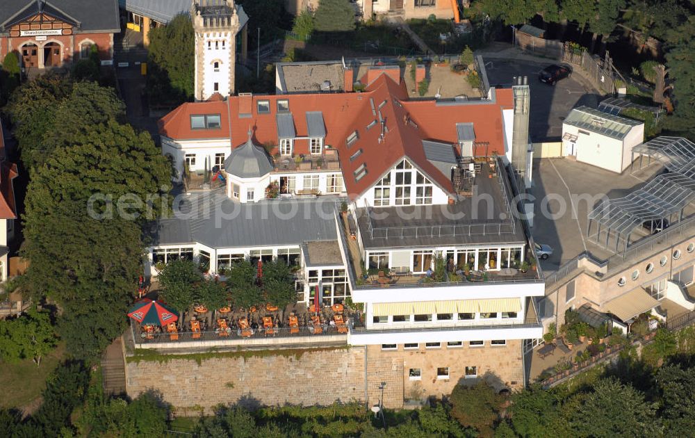 Aerial photograph Dresden - Blick auf das Restaurant Luisenhof direkt neben der Standseilbahn im Stadtteil Weißer Hirsch in Dresden. Die Aussichtsgaststätte wurde zeitgleich mit der Standseilbahn im Jahr 1895 eröffnet. Den namen verdankt das Restaurant der sächsischen Kronprinzession Luise von Toskana, die um 1900 in Dresden lebte. Im Jahr 1997 wurde das Gebäude komplett saniert, hierbei entstanden 15 Eigentumswohnungen. Kontakt: Café-Restaurant Luisenhof GmbH, Bergbahnstraße 8 01324 Dresden, Tel. +49(0)351 21499 60, Fax +49(0)351 21499 77, Email: gastronomie@luisenhof.org