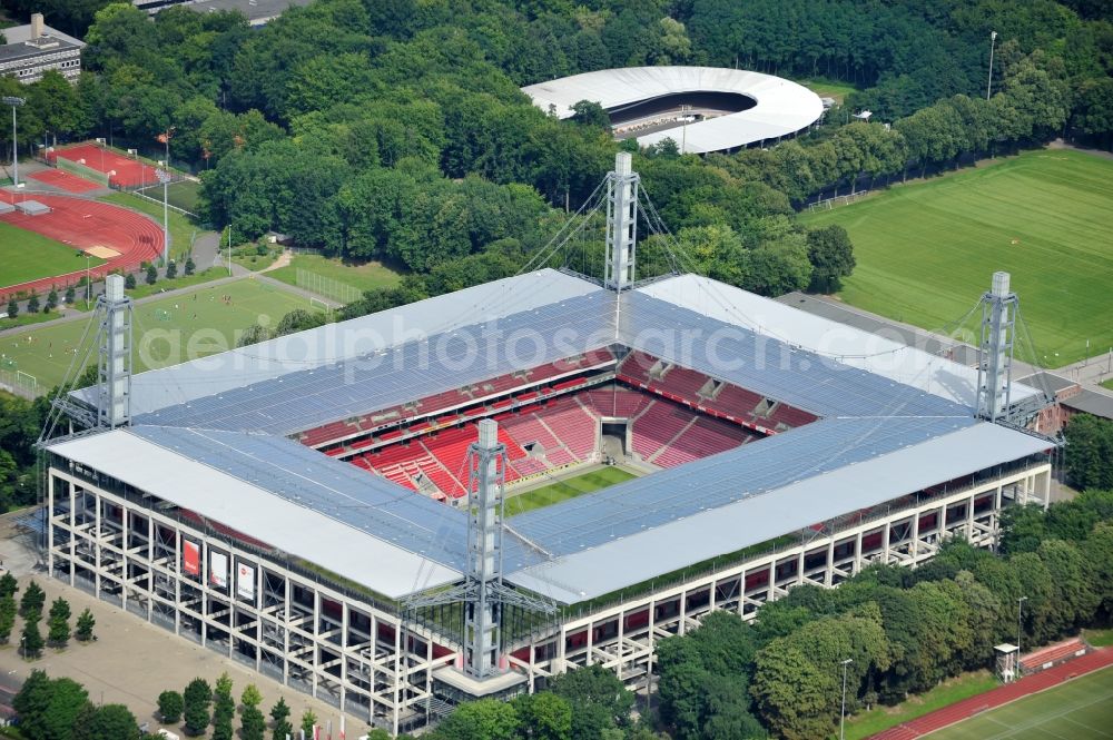 Aerial image Köln - The RheinEnergieStadion is a football stadium in the district Mungersdorf of Cologne. It is the home ground of the football club 1. FC Koeln. Its predecessor was the Mungerdorferstadion, which was built at the same place. Through a sponsorship deal, the stadium now has the name of the energy provider Rhein Energie Koeln