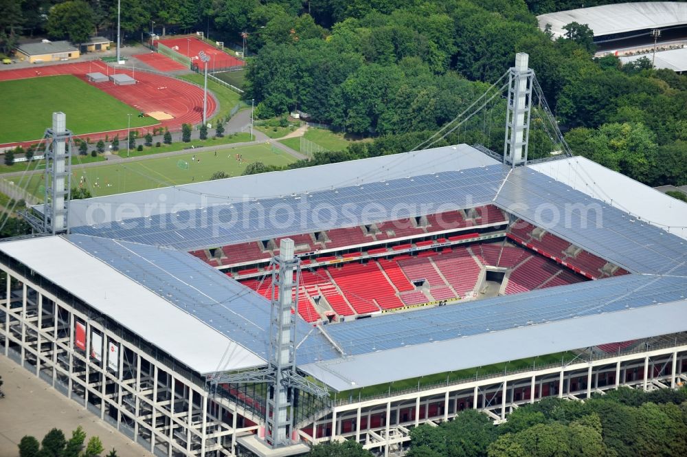 Aerial photograph Köln - The RheinEnergieStadion is a football stadium in the district Mungersdorf of Cologne. It is the home ground of the football club 1. FC Koeln. Its predecessor was the Mungerdorferstadion, which was built at the same place. Through a sponsorship deal, the stadium now has the name of the energy provider Rhein Energie Koeln