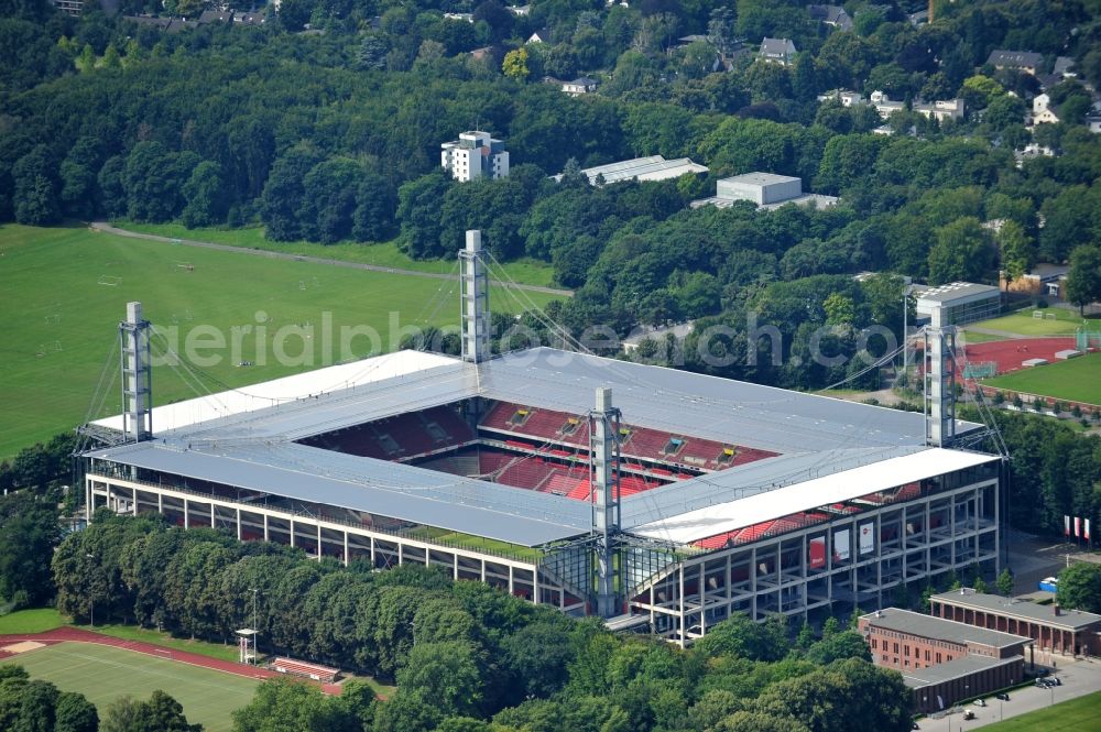 Köln from above - The RheinEnergieStadion is a football stadium in the district Mungersdorf of Cologne. It is the home ground of the football club 1. FC Koeln. Its predecessor was the Mungerdorferstadion, which was built at the same place. Through a sponsorship deal, the stadium now has the name of the energy provider Rhein Energie Koeln