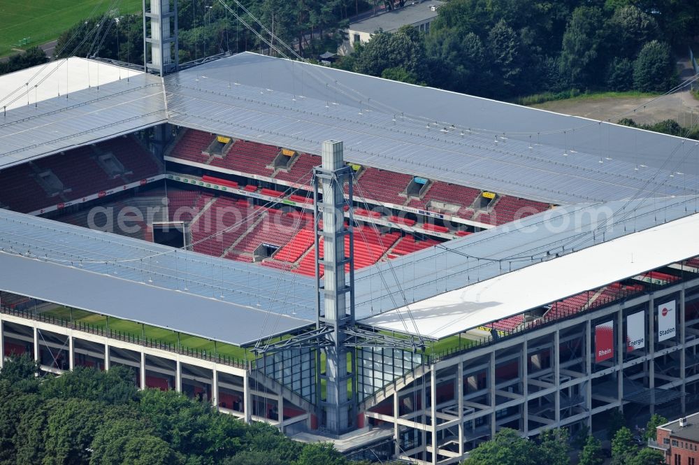 Köln from the bird's eye view: The RheinEnergieStadion is a football stadium in the district Mungersdorf of Cologne. It is the home ground of the football club 1. FC Koeln. Its predecessor was the Mungerdorferstadion, which was built at the same place. Through a sponsorship deal, the stadium now has the name of the energy provider Rhein Energie Koeln