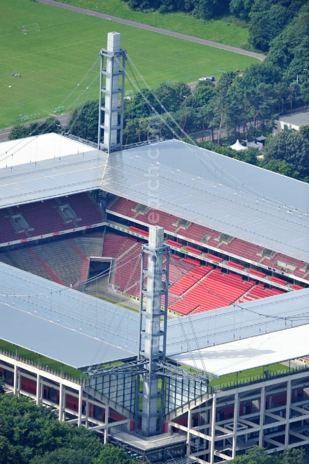 Aerial image Köln - The RheinEnergieStadion is a football stadium in the district Mungersdorf of Cologne. It is the home ground of the football club 1. FC Koeln. Its predecessor was the Mungerdorferstadion, which was built at the same place. Through a sponsorship deal, the stadium now has the name of the energy provider Rhein Energie Koeln