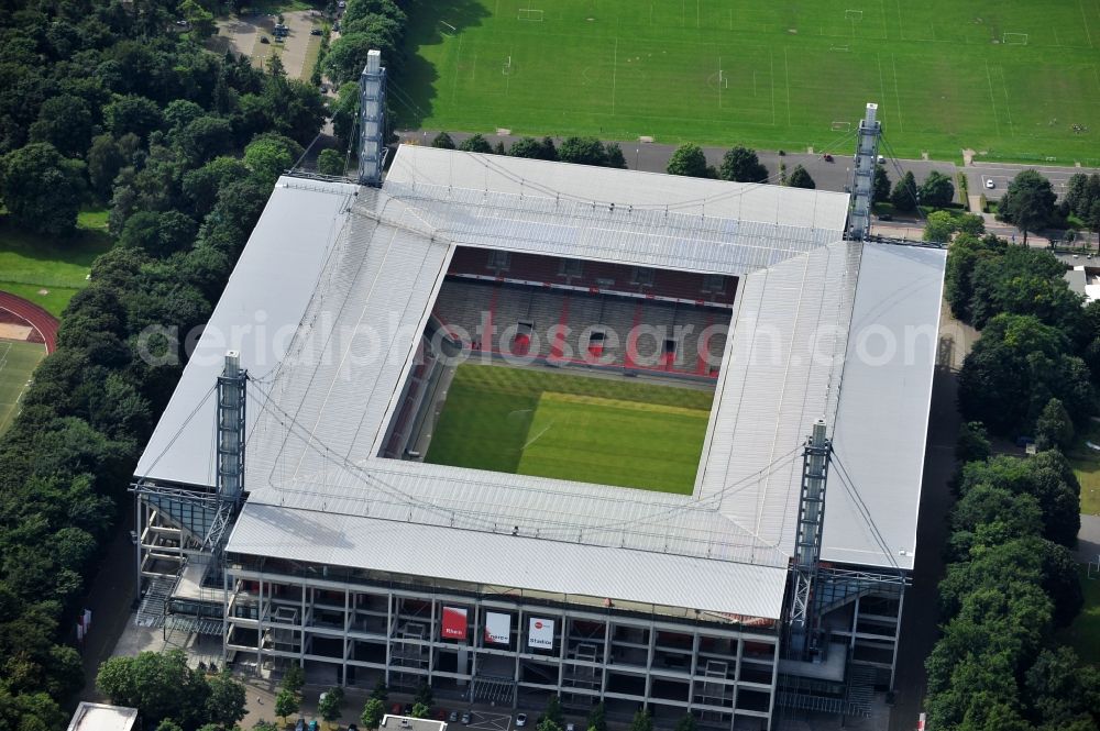 Aerial photograph Köln - The RheinEnergieStadion is a football stadium in the district Mungersdorf of Cologne. It is the home ground of the football club 1. FC Koeln. Its predecessor was the Mungerdorferstadion, which was built at the same place. Through a sponsorship deal, the stadium now has the name of the energy provider Rhein Energie Koeln