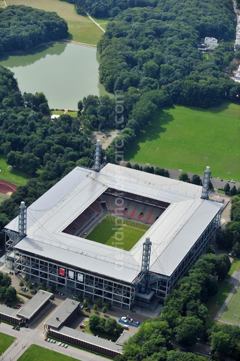 Köln from above - The RheinEnergieStadion is a football stadium in the district Mungersdorf of Cologne. It is the home ground of the football club 1. FC Koeln. Its predecessor was the Mungerdorferstadion, which was built at the same place. Through a sponsorship deal, the stadium now has the name of the energy provider Rhein Energie Koeln