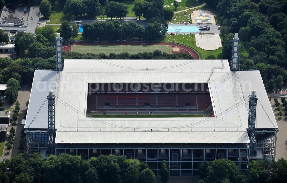 Aerial image Köln - The RheinEnergieStadion is a football stadium in the district Mungersdorf of Cologne. It is the home ground of the football club 1. FC Koeln. Its predecessor was the Mungerdorferstadion, which was built at the same place. Through a sponsorship deal, the stadium now has the name of the energy provider Rhein Energie Koeln