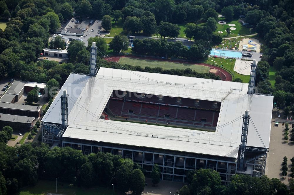 Aerial photograph Köln - The RheinEnergieStadion is a football stadium in the district Mungersdorf of Cologne. It is the home ground of the football club 1. FC Koeln. Its predecessor was the Mungerdorferstadion, which was built at the same place. Through a sponsorship deal, the stadium now has the name of the energy provider Rhein Energie Koeln