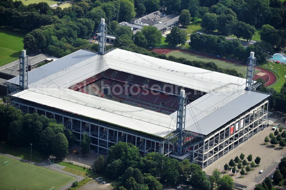 Köln from above - The RheinEnergieStadion is a football stadium in the district Mungersdorf of Cologne. It is the home ground of the football club 1. FC Koeln. Its predecessor was the Mungerdorferstadion, which was built at the same place. Through a sponsorship deal, the stadium now has the name of the energy provider Rhein Energie Koeln