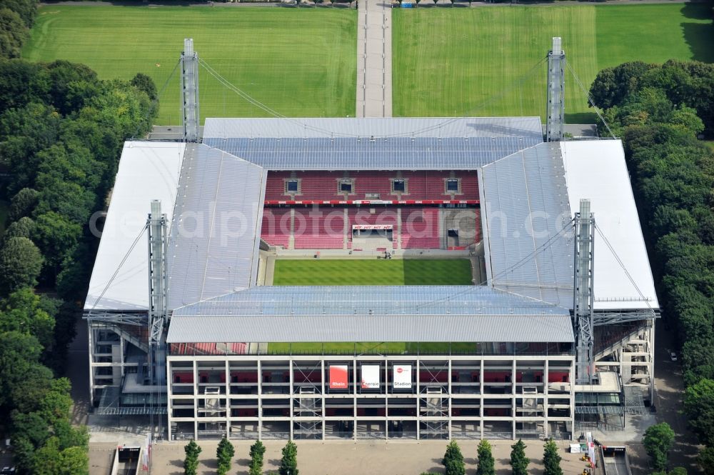 Aerial image Köln - The RheinEnergieStadion is a football stadium in the district Mungersdorf of Cologne. It is the home ground of the football club 1. FC Koeln. Its predecessor was the Mungerdorferstadion, which was built at the same place. Through a sponsorship deal, the stadium now has the name of the energy provider Rhein Energie Koeln