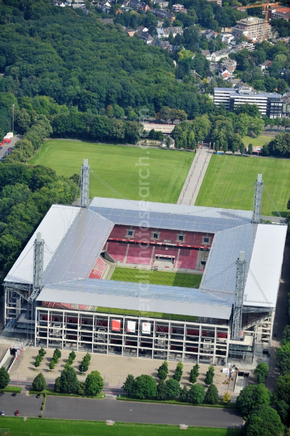 Aerial photograph Köln - The RheinEnergieStadion is a football stadium in the district Mungersdorf of Cologne. It is the home ground of the football club 1. FC Koeln. Its predecessor was the Mungerdorferstadion, which was built at the same place. Through a sponsorship deal, the stadium now has the name of the energy provider Rhein Energie Koeln