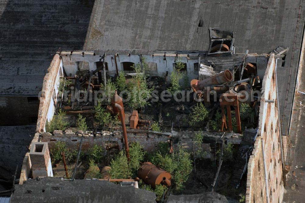 Nienburg from above - Blick auf das Ruinengebäude der alten Malzfabrik nahe der Schloßstraße in Nienburg an der Saale.