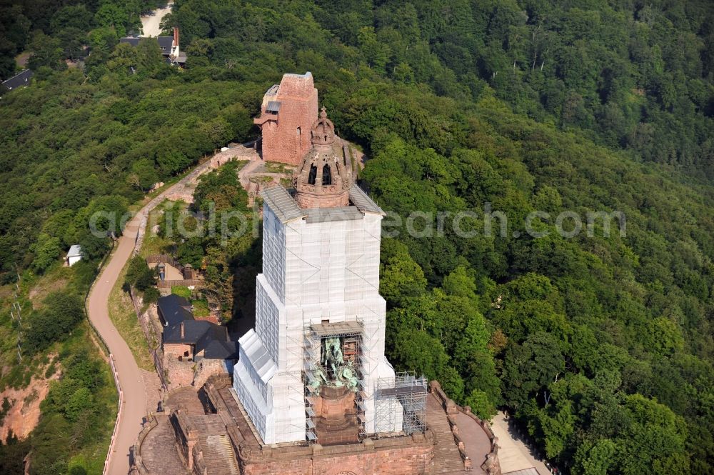 Steinthaleben from above - Look at redevelopment of the monument Kyffhäuser near Steinthaleben in the state of Thuringia. The building with an equestrian statue was established by the architect Bruno Schmitz in honor of Kaiser Wilhelm I from 1890 to 1896. The monument, which was affcted by storm, is planed to be restored by the company Romstedt Technologies for Restorers GmbH until November 2013. The necessary scaffold is provided by the company Franke & Wagner GmbH