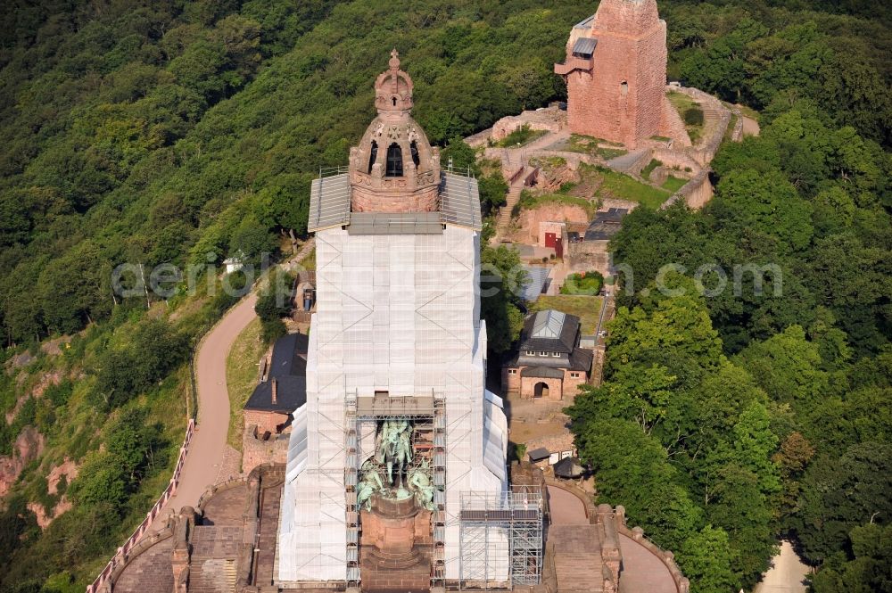 Aerial photograph Steinthaleben - Look at redevelopment of the monument Kyffhäuser near Steinthaleben in the state of Thuringia. The building with an equestrian statue was established by the architect Bruno Schmitz in honor of Kaiser Wilhelm I from 1890 to 1896. The monument, which was affcted by storm, is planed to be restored by the company Romstedt Technologies for Restorers GmbH until November 2013. The necessary scaffold is provided by the company Franke & Wagner GmbH