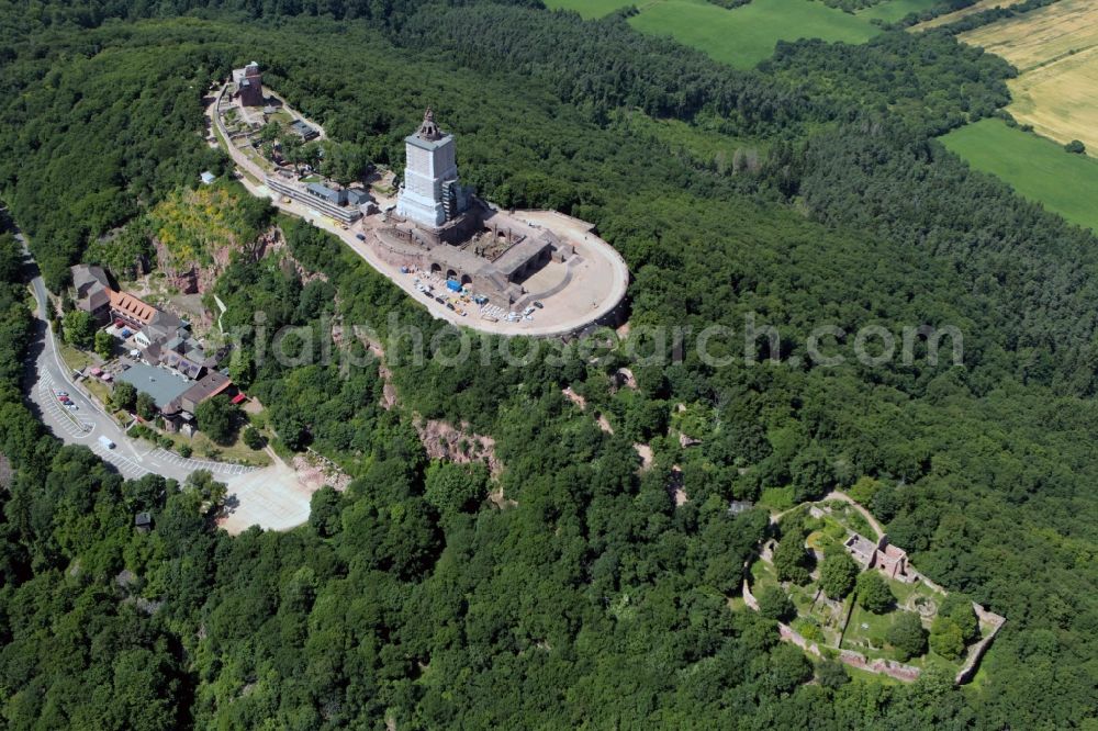 Steinthaleben from above - Look at redevelopment of the monument Kyffhäuser near Steinthaleben in the state of Thuringia. The building with an equestrian statue was established by the architect Bruno Schmitz in honor of Kaiser Wilhelm I from 1890 to 1896. The monument, which was affcted by storm, is planed to be restored by the company Romstedt Technologies for Restorers GmbH until November 2013. The necessary scaffold is provided by the company Franke & Wagner GmbH