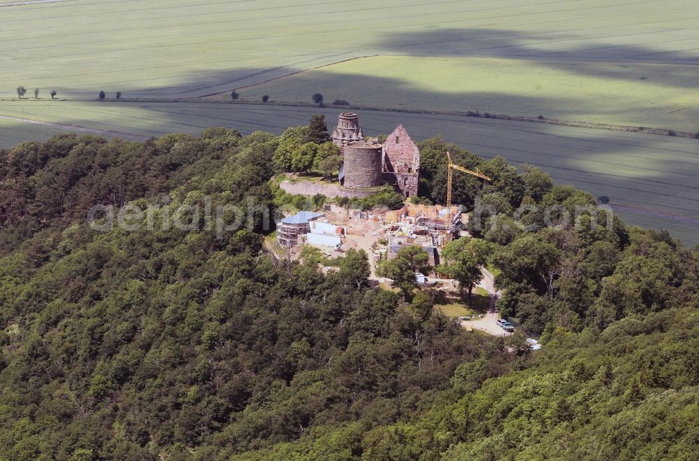 Steinthaleben from the bird's eye view: Look at redevelopment of the monument Kyffhäuser near Steinthaleben in the state of Thuringia. The building with an equestrian statue was established by the architect Bruno Schmitz in honor of Kaiser Wilhelm I from 1890 to 1896. The monument, which was affcted by storm, is planed to be restored by the company Romstedt Technologies for Restorers GmbH until November 2013. The necessary scaffold is provided by the company Franke & Wagner GmbH