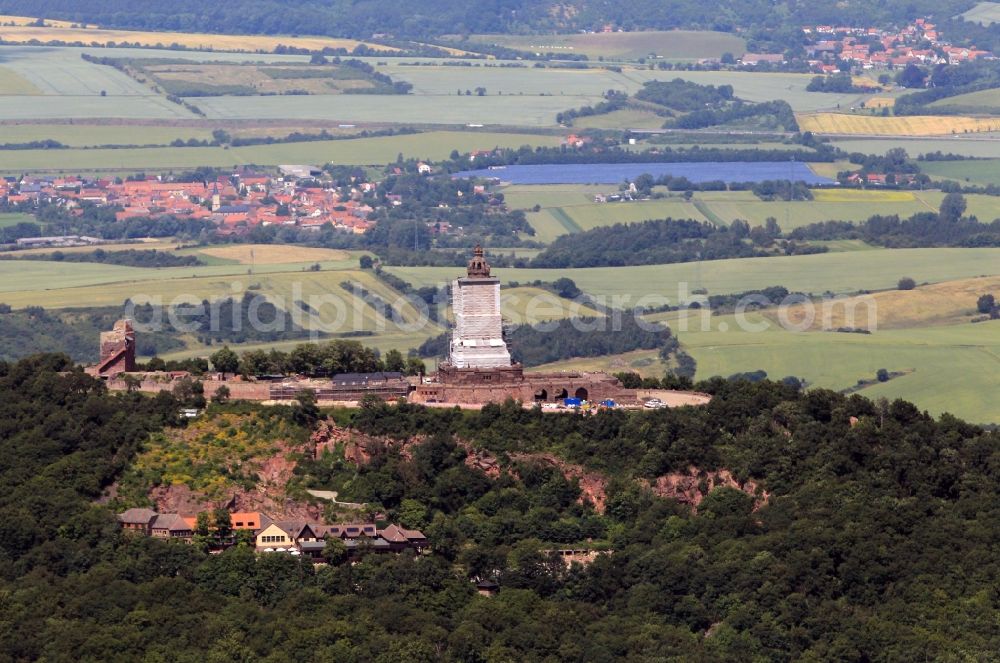 Aerial photograph Steinthaleben - Look at redevelopment of the monument Kyffhäuser near Steinthaleben in the state of Thuringia. The building with an equestrian statue was established by the architect Bruno Schmitz in honor of Kaiser Wilhelm I from 1890 to 1896. The monument, which was affcted by storm, is planed to be restored by the company Romstedt Technologies for Restorers GmbH until November 2013. The necessary scaffold is provided by the company Franke & Wagner GmbH