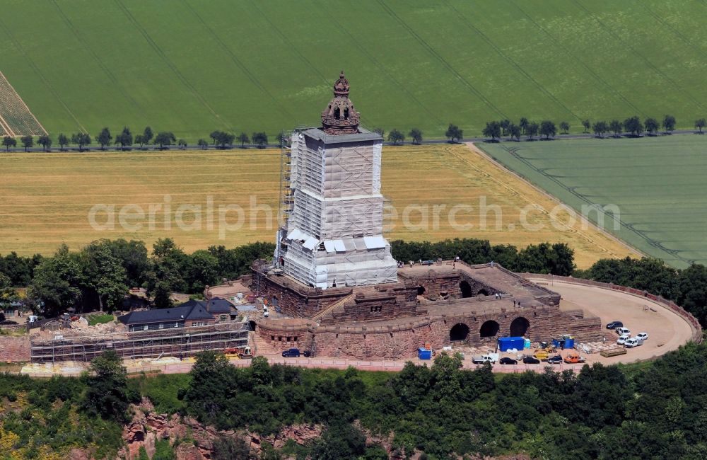 Steinthaleben from above - Look at redevelopment of the monument Kyffhäuser near Steinthaleben in the state of Thuringia. The building with an equestrian statue was established by the architect Bruno Schmitz in honor of Kaiser Wilhelm I from 1890 to 1896. The monument, which was affcted by storm, is planed to be restored by the company Romstedt Technologies for Restorers GmbH until November 2013. The necessary scaffold is provided by the company Franke & Wagner GmbH