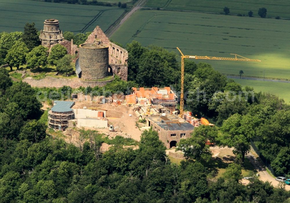 Steinthaleben from above - Look at redevelopment of the monument Kyffhäuser near Steinthaleben in the state of Thuringia. The building with an equestrian statue was established by the architect Bruno Schmitz in honor of Kaiser Wilhelm I from 1890 to 1896. The monument, which was affcted by storm, is planed to be restored by the company Romstedt Technologies for Restorers GmbH until November 2013. The necessary scaffold is provided by the company Franke & Wagner GmbH